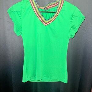 SHEIN Green Short Sleeve Top with Multicolor Trim